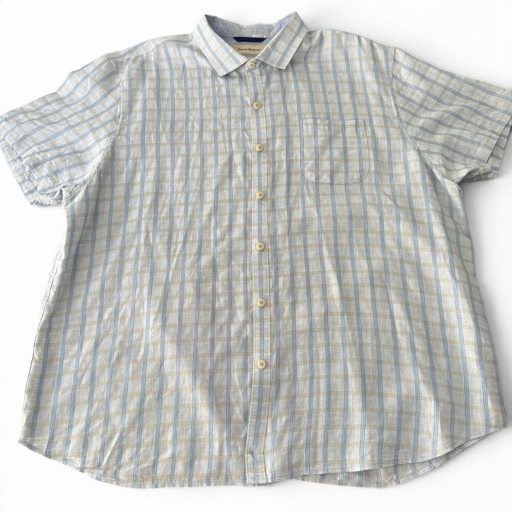 Tommy Bahama Island Modern Fit Shirt Men XXL White Tan Blue Stripe Linen Cotton